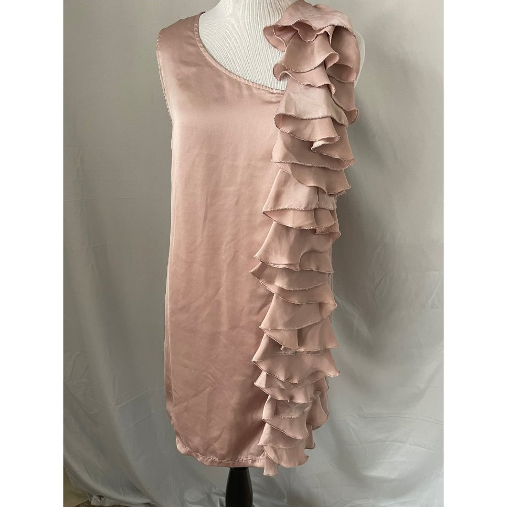 Go International Champagne Satin Ruffle Down Sleeveless Midi Dress